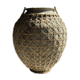 Immense light grey antique-style pot with a crosshatch lid and handles.