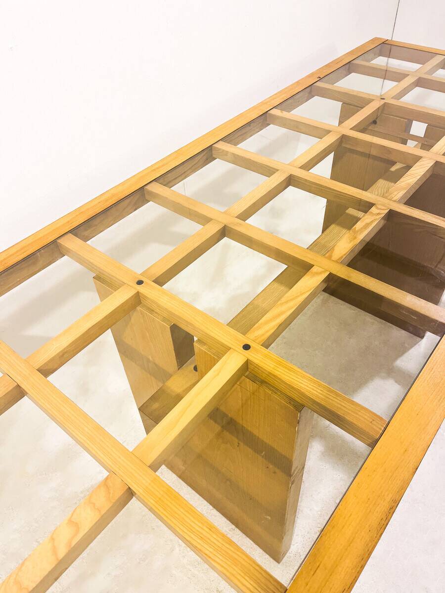 Mid-Century Dining Table, Wood with Glass Top, Italy, 1970s
