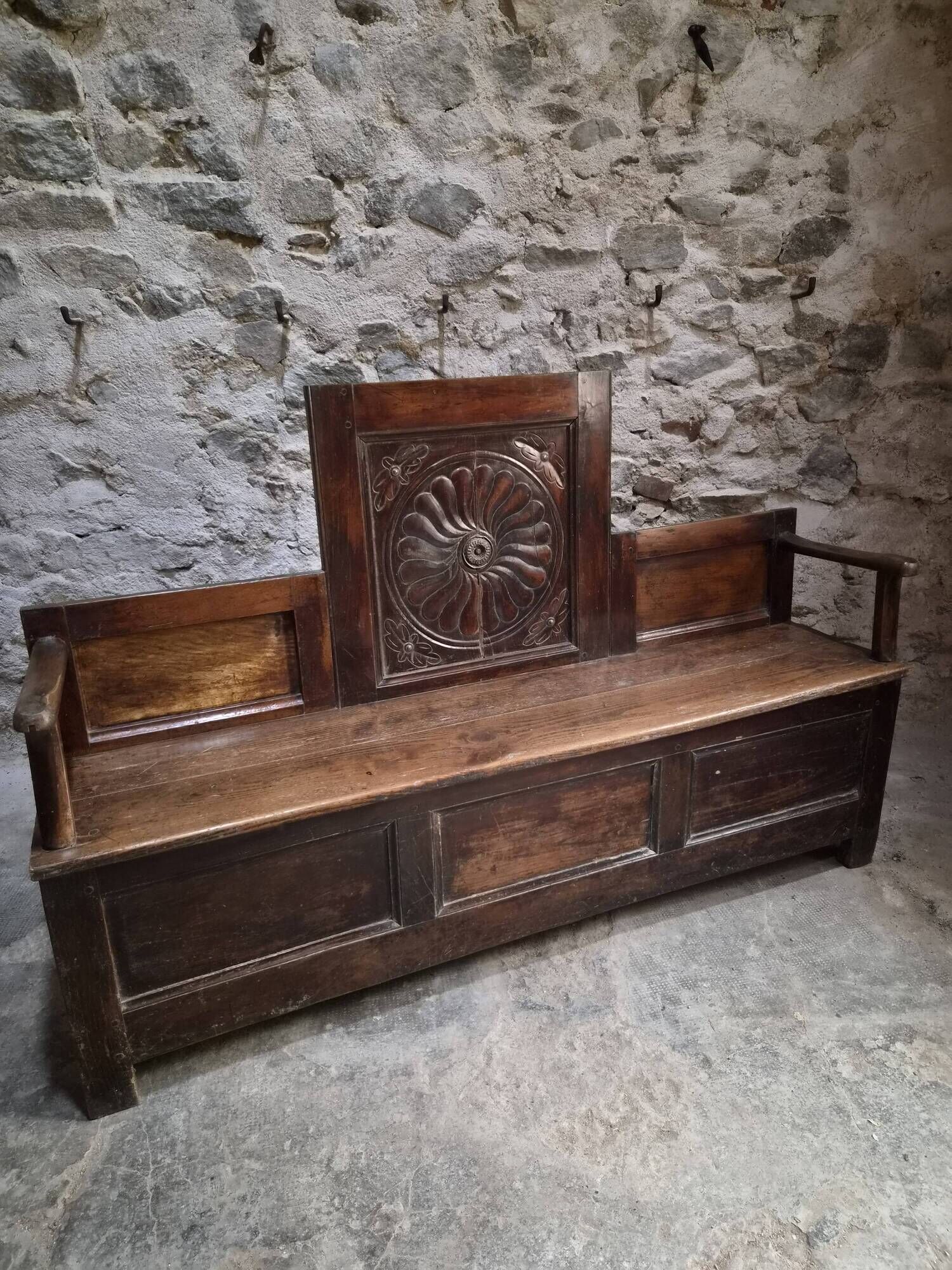 Old French popular art bench from Auvergne, circa 1800–1850