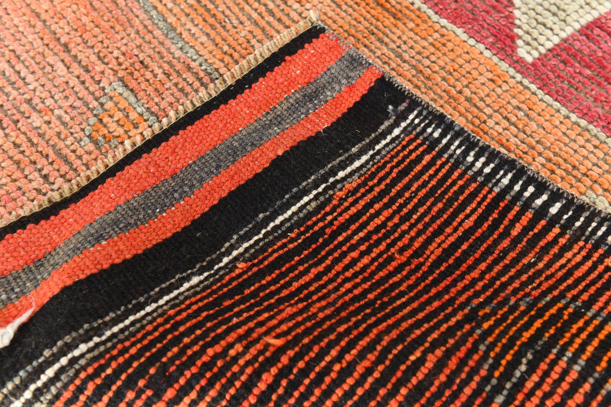 3x11 Crimson & Grey Boho Hallway Rug, Handmade Turkish Wool Rug, 93x342Cm