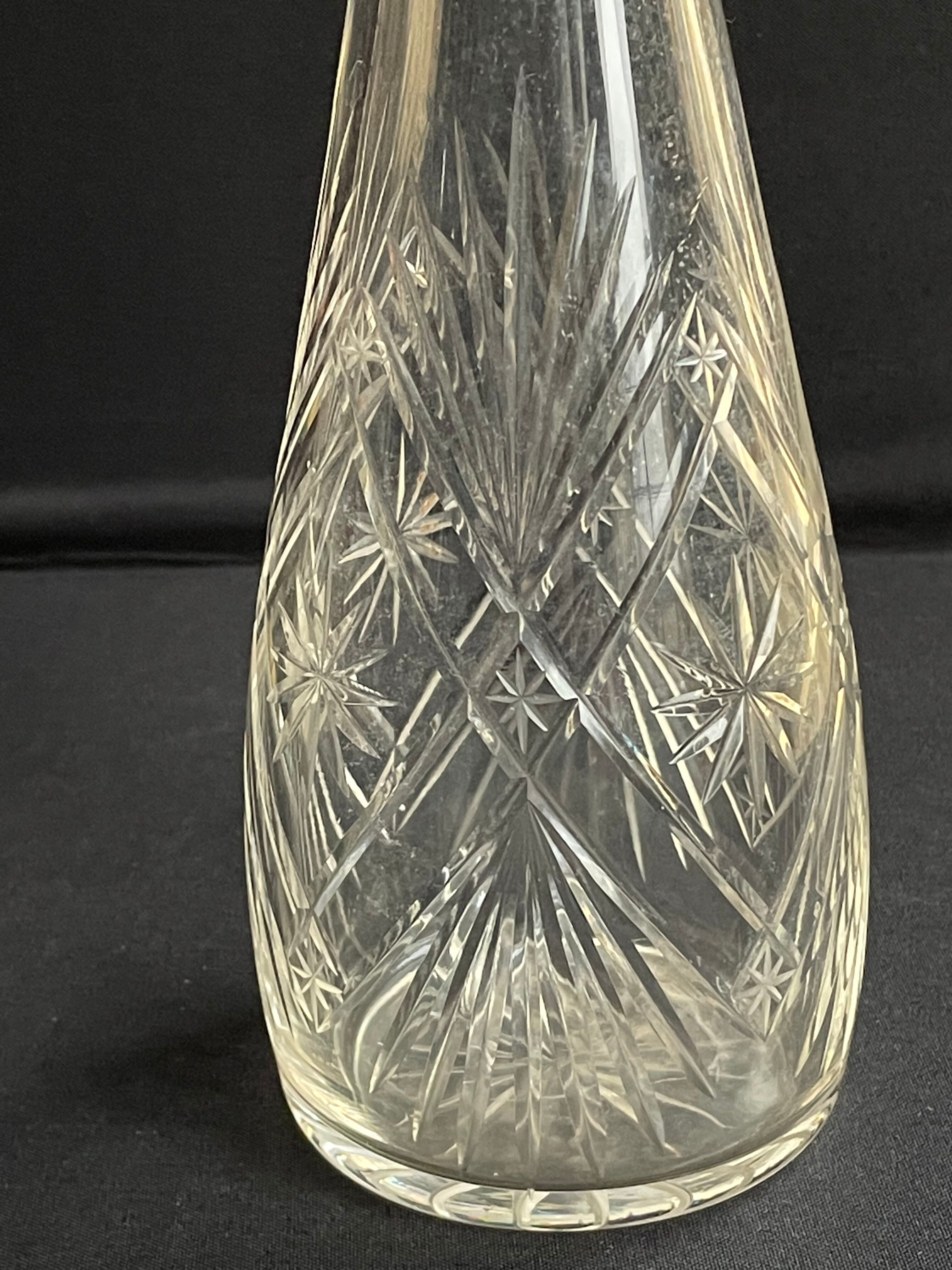 Blown crystal decanter, cut and silver collar