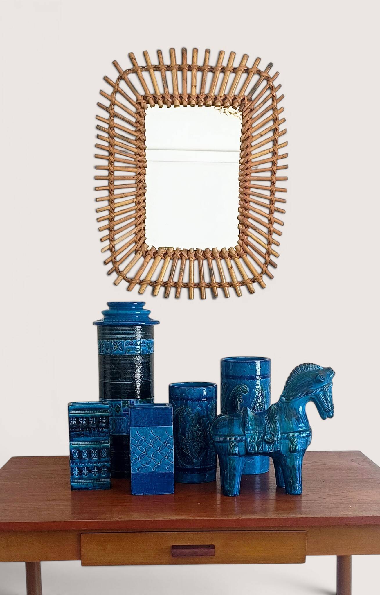 Bamboo And Rattan Midcentury French Riviera Italian Mirror, 1960s
