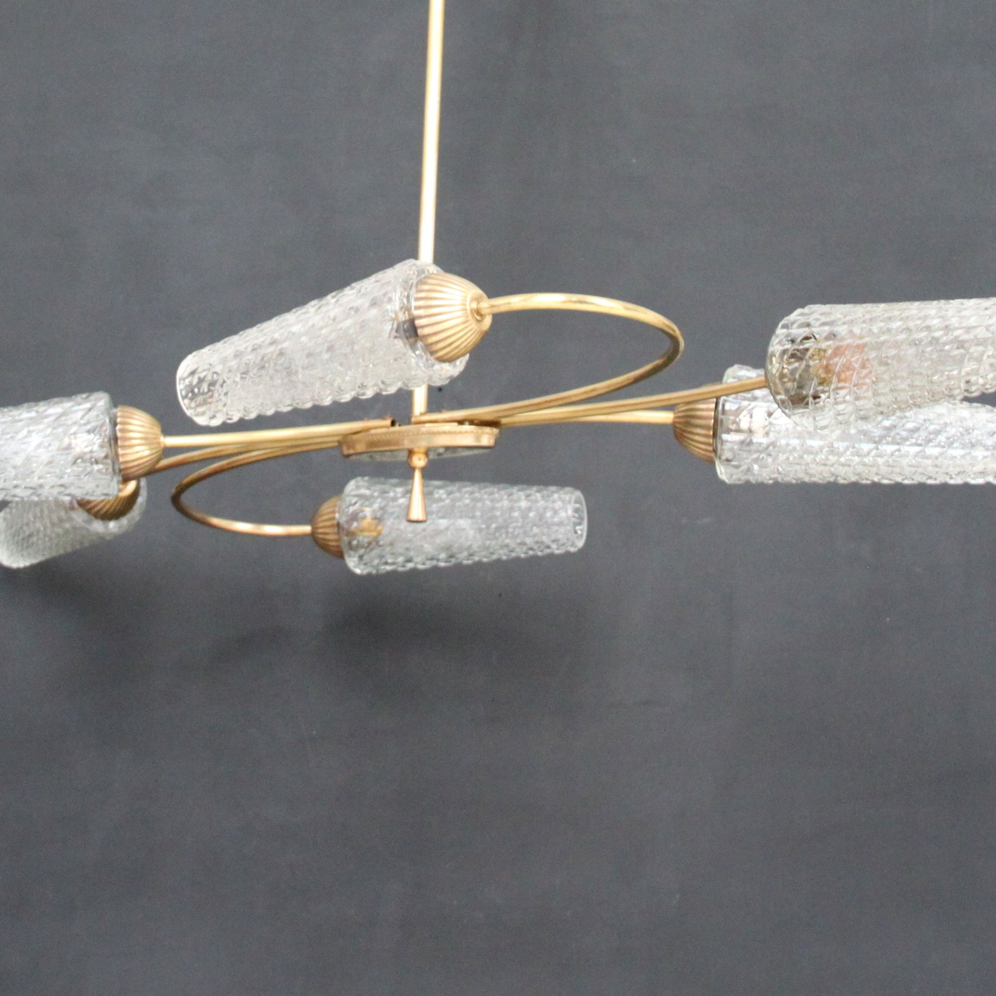 Vintage brass chandelier, moulded glass tulip lampday, circa 1950
