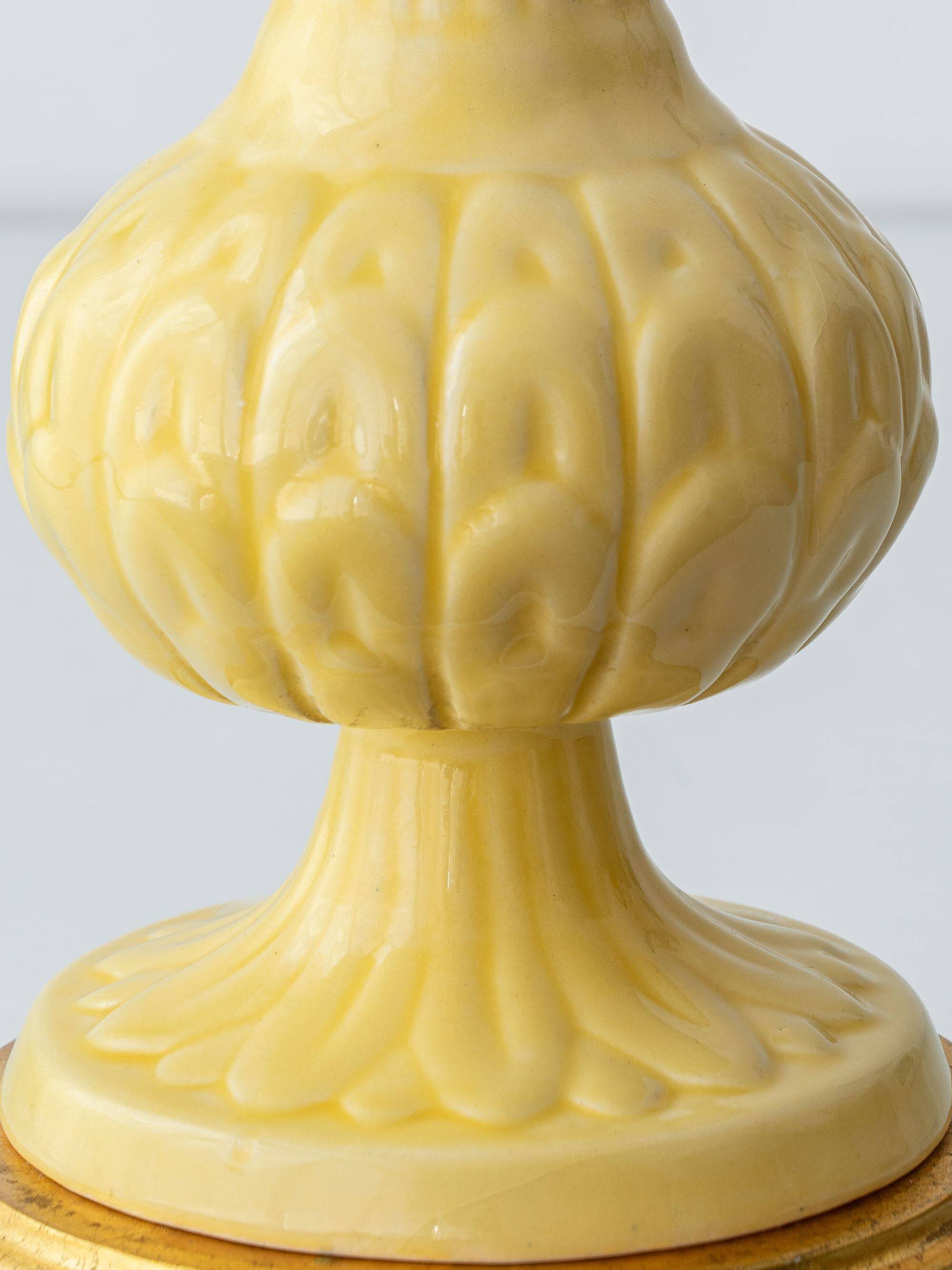 Lampe de table en céramique jaune espagnole, années 1960, abat-jour Liberty London rétro neuf