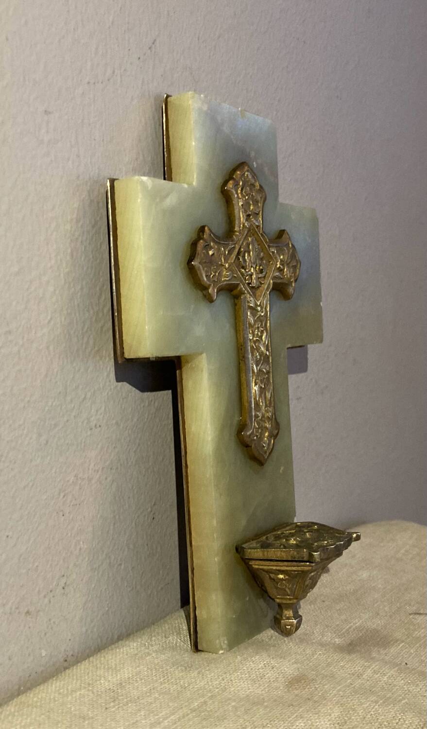Art Deco holy water font in bronze, onyx and brass from the early 20th century