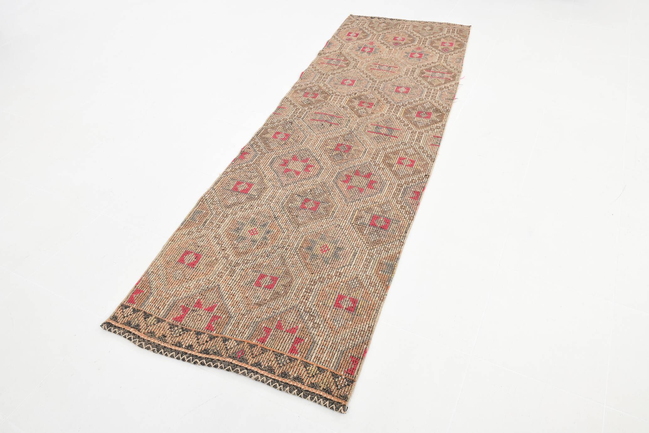 3x9 Faded Brown & Red Geometric Style Rug, Vintage Kilim Rug, 92x280Cm