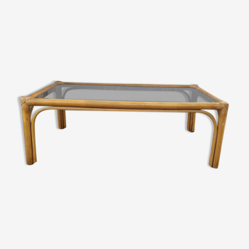 Table basse rotin et verre fumé, des années 70