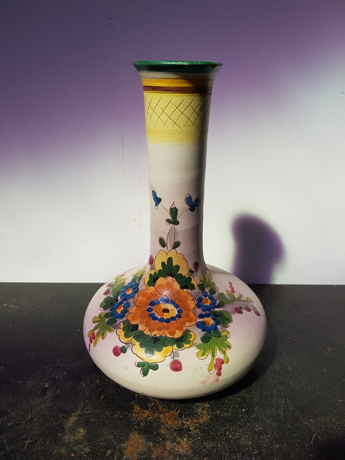 Ancient ceramic vase enamels decor flowers made in italy vintage