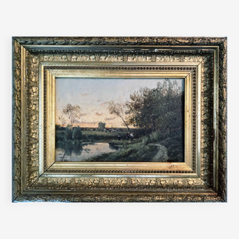 Tableau impressionniste "Paysage crépuculaire animé" XIX° siècle signé Barbizon