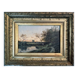 Tableau impressionniste "Paysage crépuculaire animé" XIX° siècle signé Barbizon