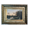 Tableau impressionniste "Paysage crépuculaire animé" XIX° siècle signé Barbizon
