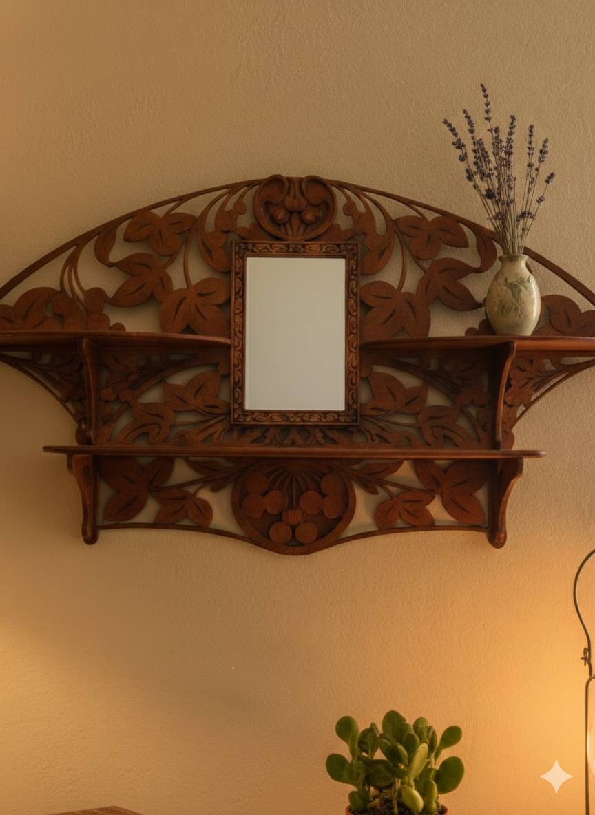 Wall shelf in carved wood and mirror – Art Nouveau style