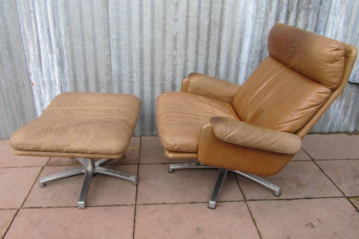 Mid-century vintage high back leather Swivel Armchair with Ottoman, 1970s
