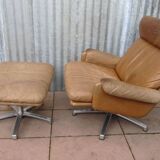 Mid-century vintage high back leather Swivel Armchair with Ottoman, 1970s