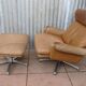Mid-century vintage high back leather Swivel Armchair with Ottoman, 1970s