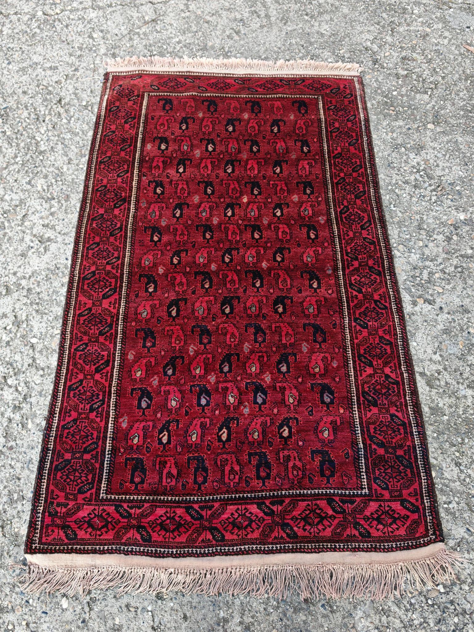 Vintage hand-knotted Boteh rug in natural wool from Afghanistan, 1960s.