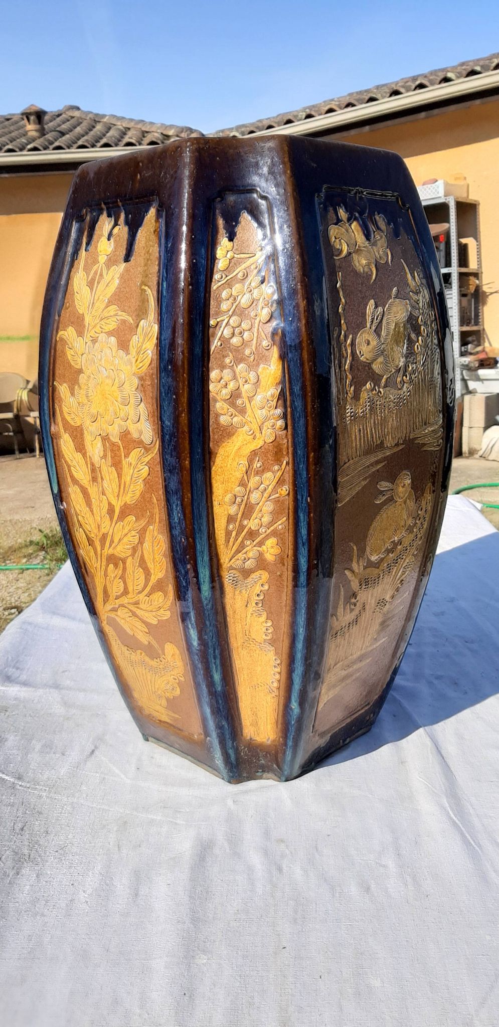 Vase chine en grés émaillé estampillé cachet en creux