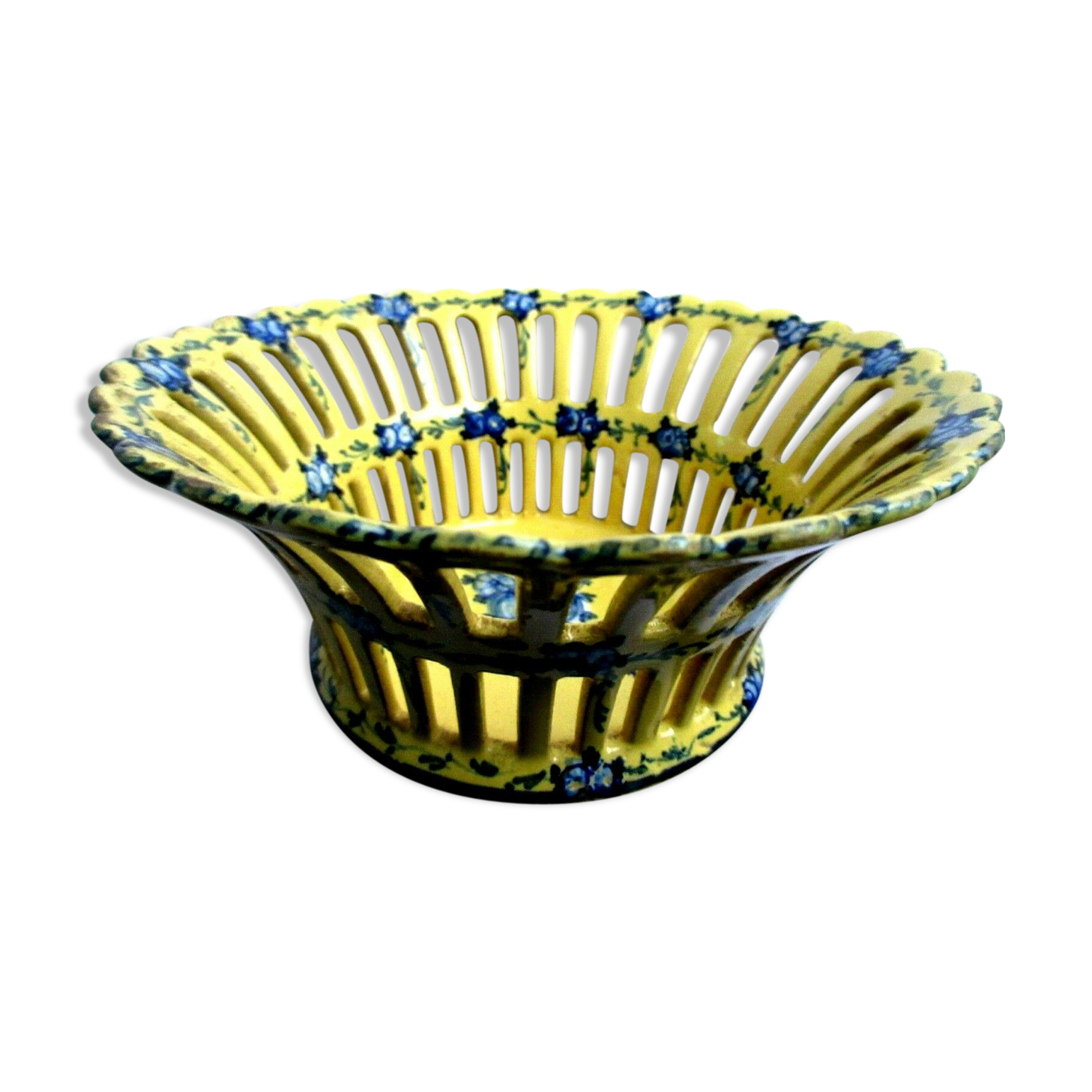Malicorne cup, yellow enamel and blue flowers signed TE Emile Tessier