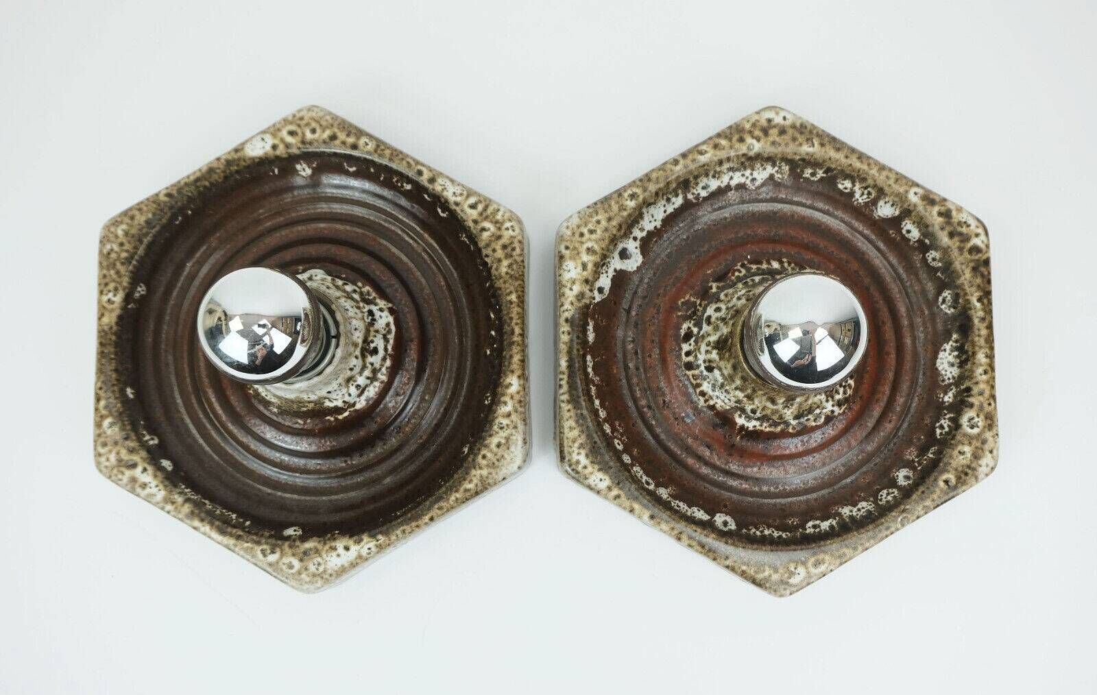 1 of 2 hexagonal mid century ceramic sconces wall lamps 1960s 1970s lava drip glaze beige brown