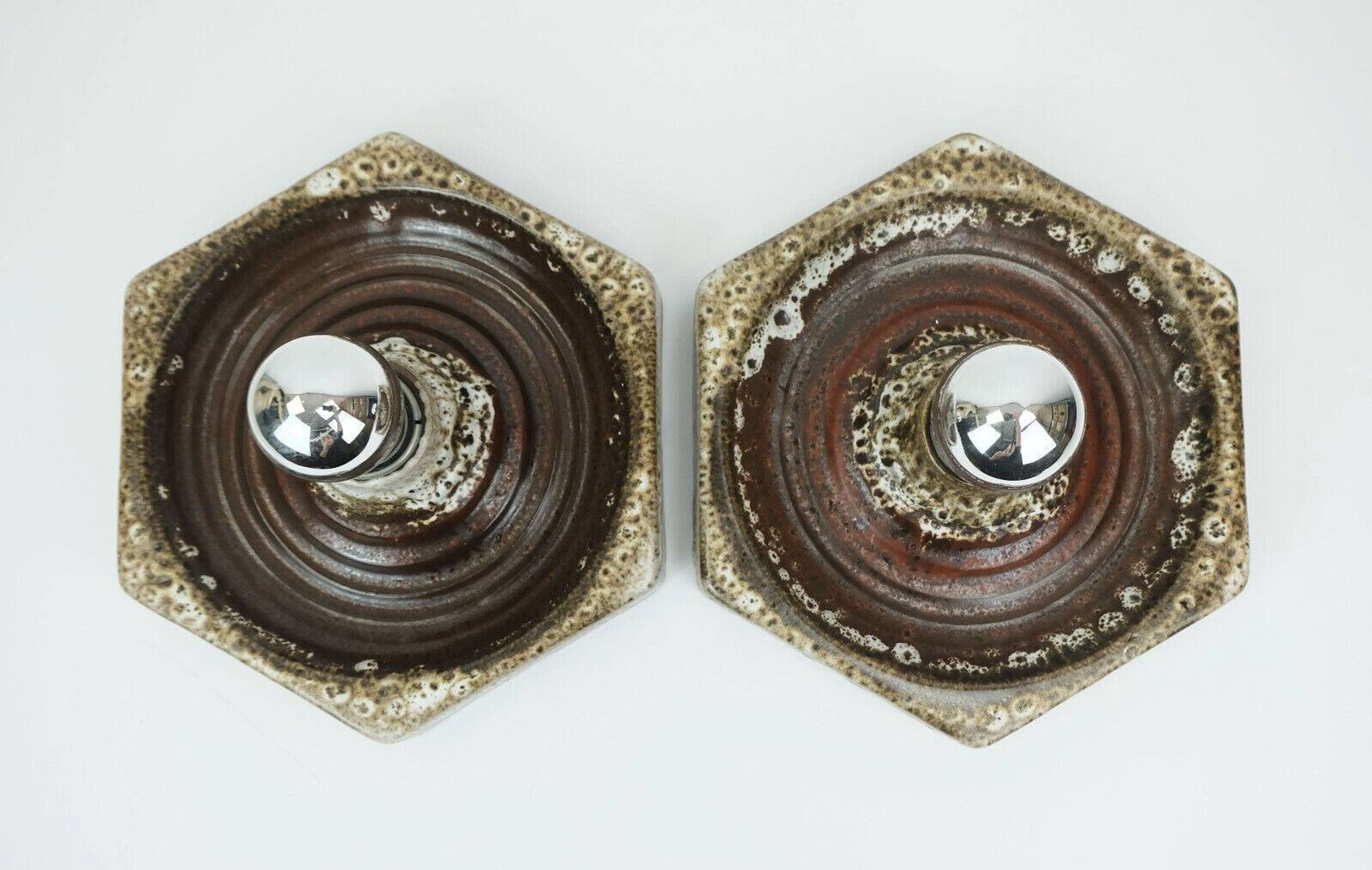 1 of 2 hexagonal mid century ceramic sconces wall lamps 1960s 1970s lava drip glaze beige brown