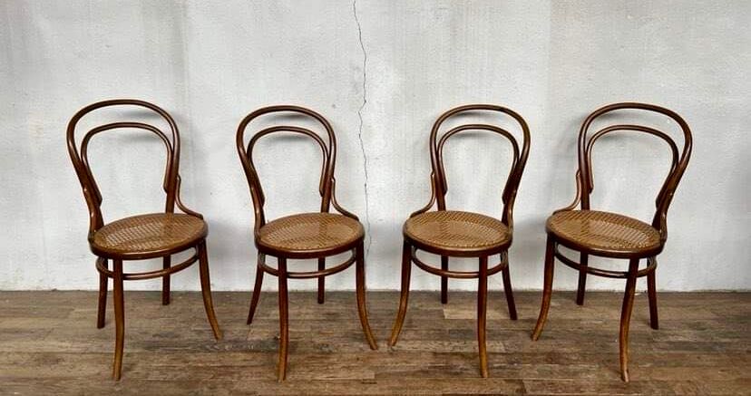 set of 4 bistro chairs in curved wood from the 1920s 1930s Canned seat
