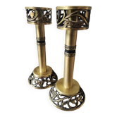 Pair of Hebrew Candlesticks. In antique gold-plated brass. Signed FFS Israel