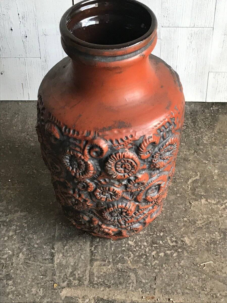 Large brown ceramic vase Carstens Tonnieshof (W. Germany) from the 1960s, with relief decoration.