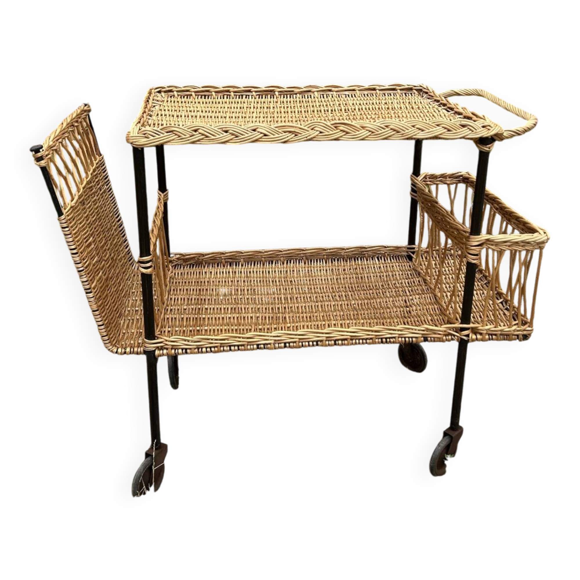 Vintage 1950s rolling dessert trolley in wicker and black tubing.