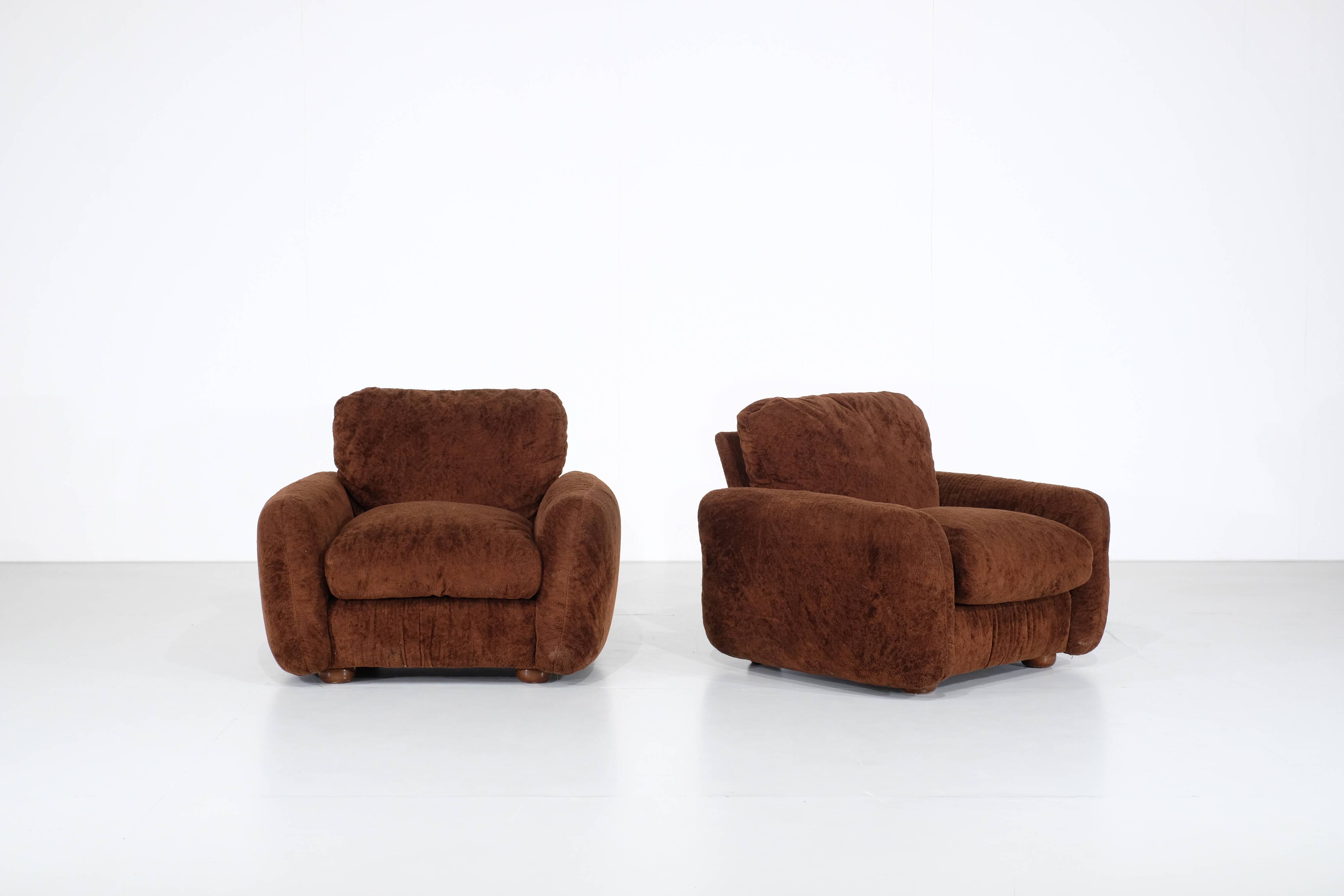pair of brown fabric armchairs, Italy - 1970s