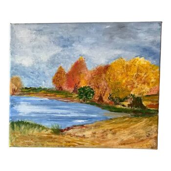 Oil painting on canvas autumn landscape and vintage lake