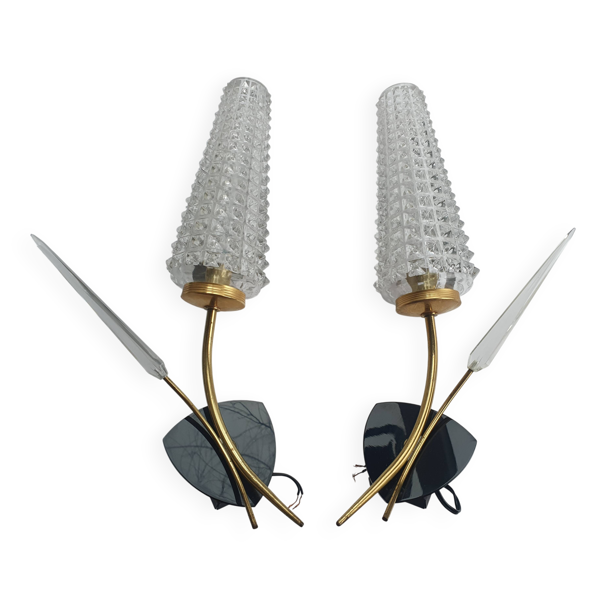 Pair of large gold wall lights with tulip-shaped globes by Arlus