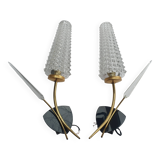 Pair of large gold wall lights with tulip-shaped globes by Arlus