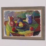 Original mid-century Swedish oil on canvas – “Kubisk Jug and Fruit” by Bror Göransson – vintage & framed – 75 × 58 cm (29.5" × 22.8")