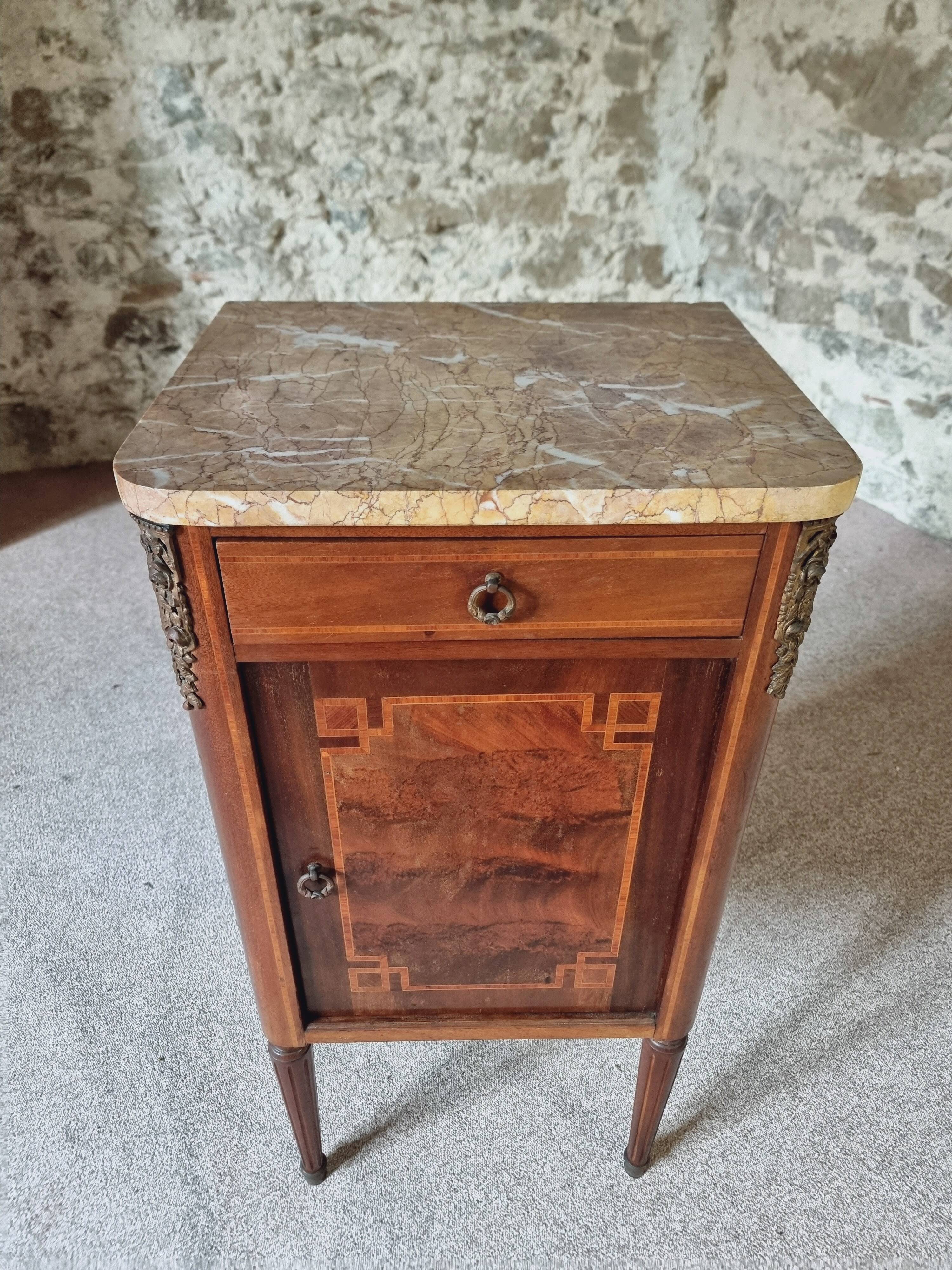 Antique French mahogany and walnut bedside table with marble top