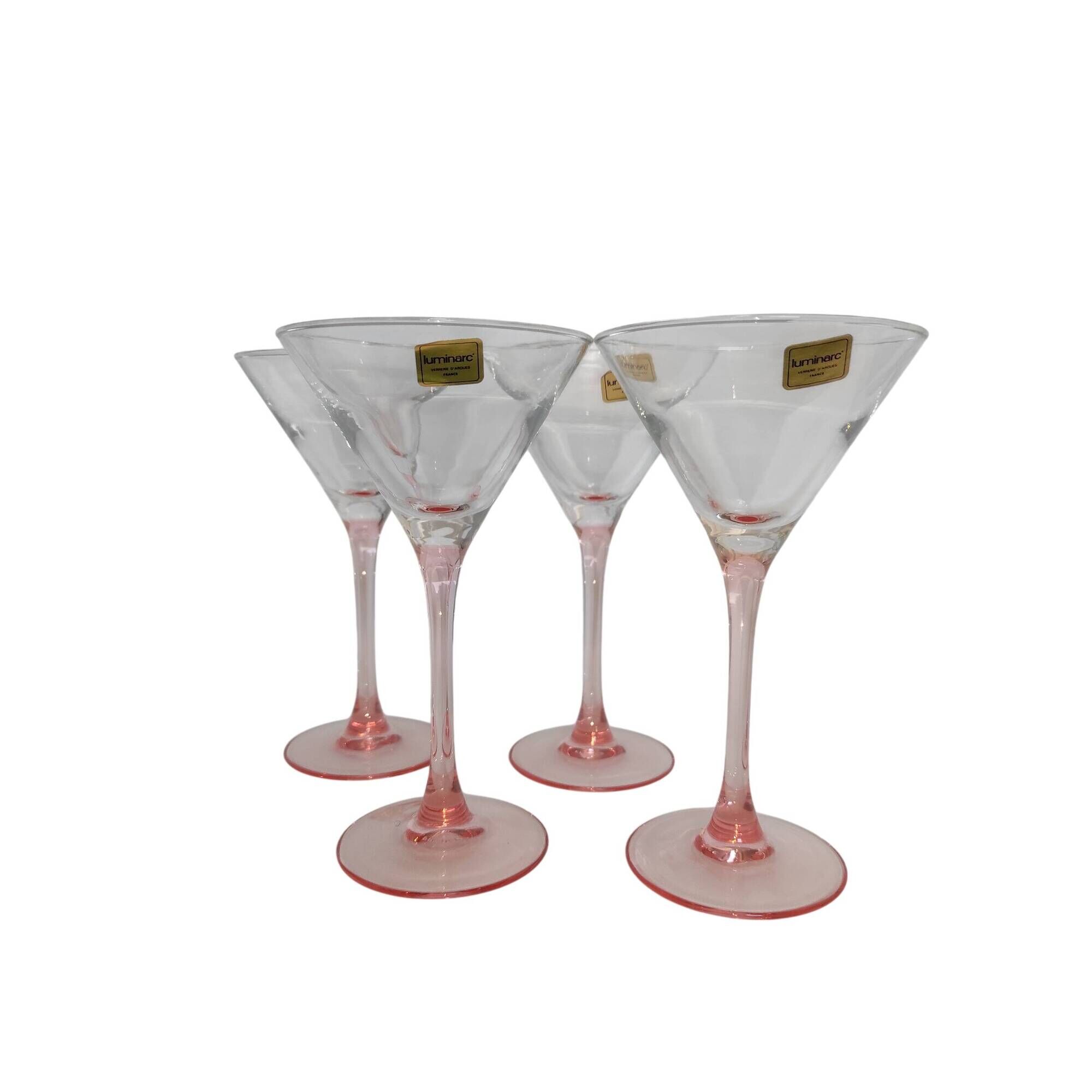 Set of 4 Luminarc Cocktail glasses with pink stems, original label from 1980.