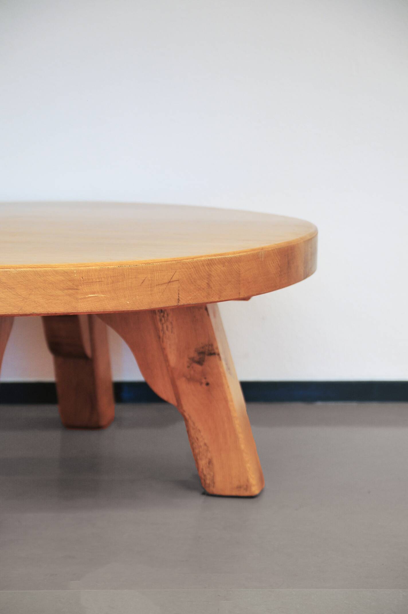 round vintage light oak brutalist coffee table