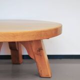 round vintage light oak brutalist coffee table
