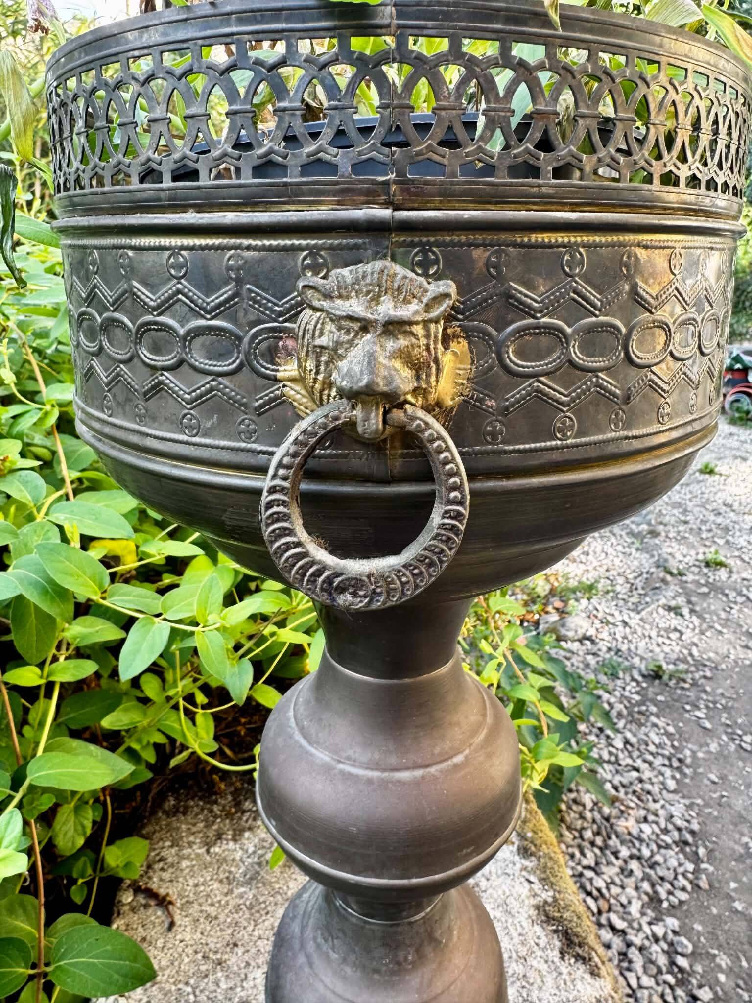 Large brass lion planter on a stand in Baroque Art Nouveau style.