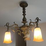 Antique Art Nouveau lustre in gilded bronze with glass pâte de verre tulips signed Muller.