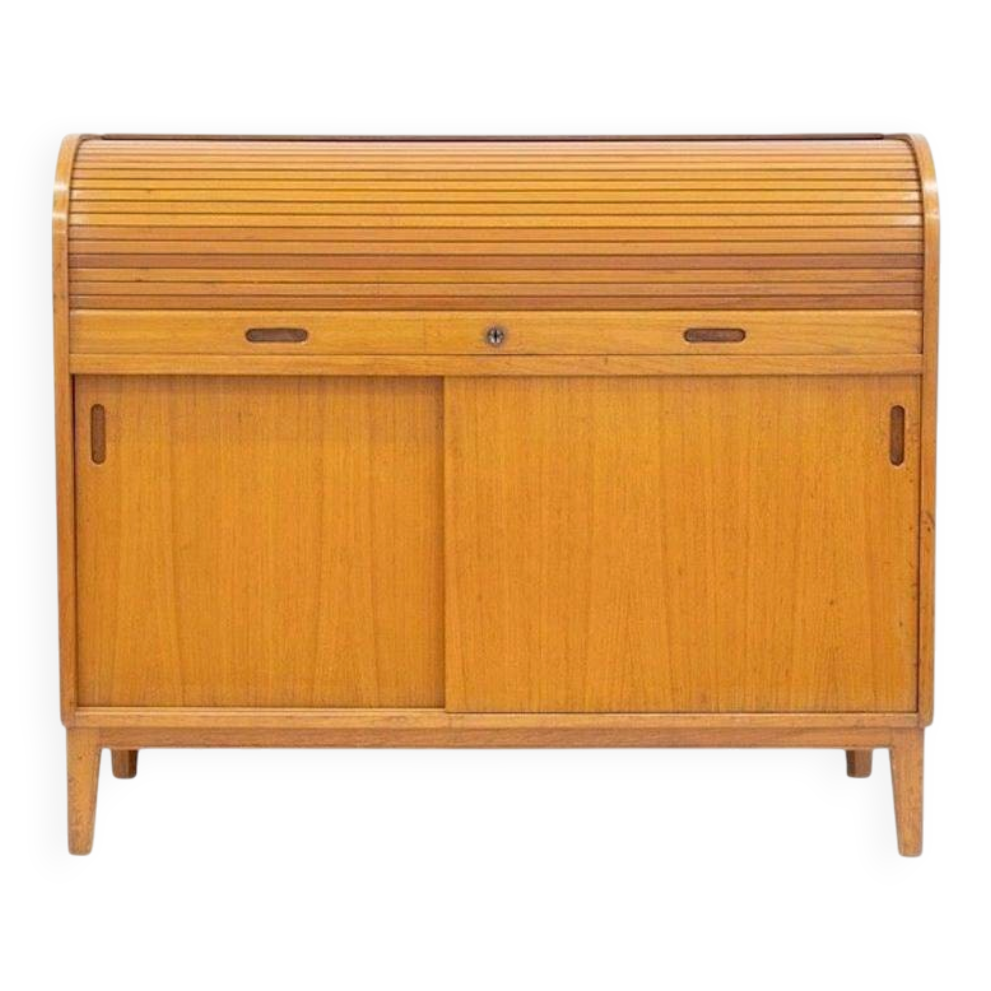 Modern Scandinavian wardrobe in teak with sliding doors and drop-down flap.