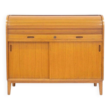 Modern Scandinavian wardrobe in teak with sliding doors and drop-down flap.