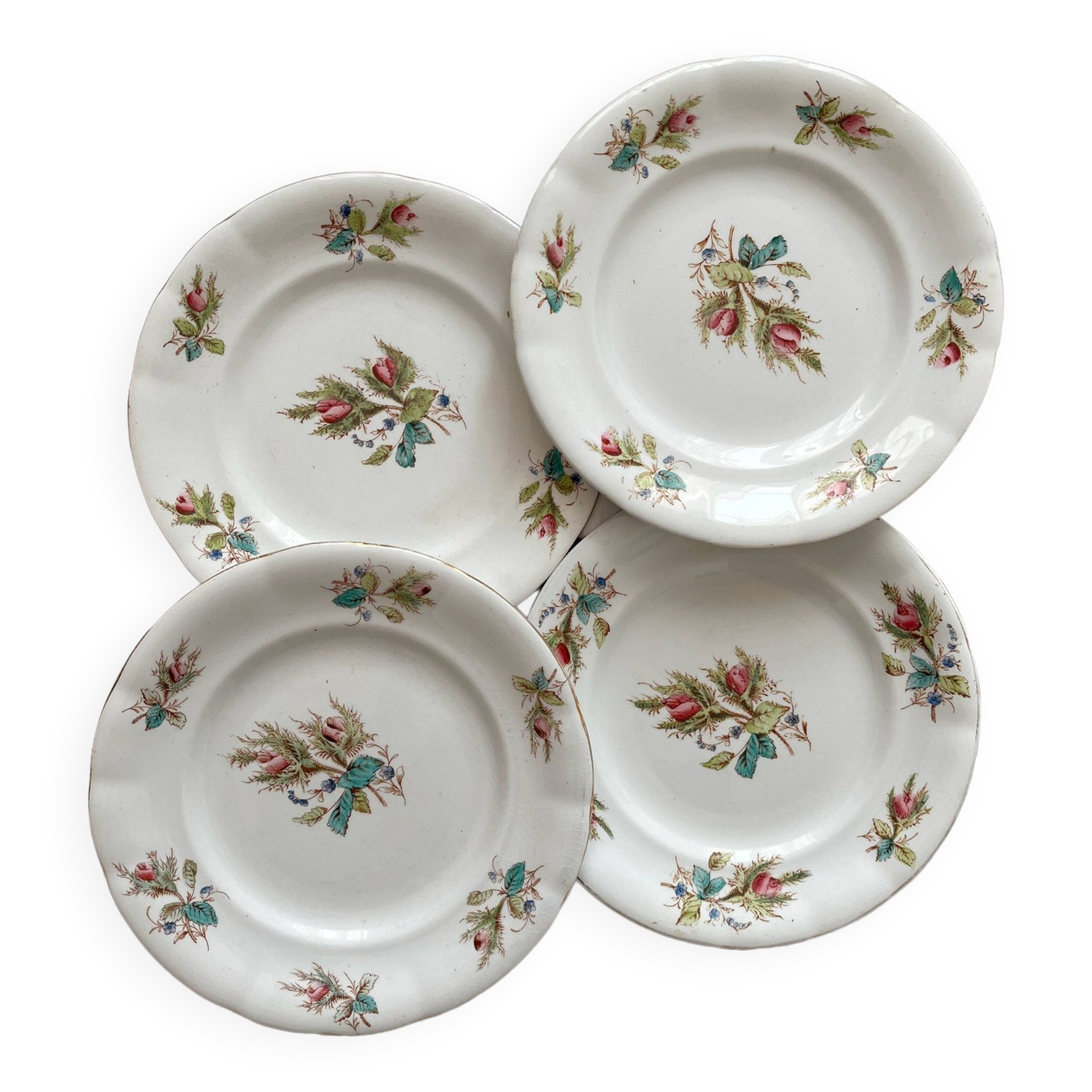 4 polychrome ironstone dessert plates with flowers, KG Lunéville