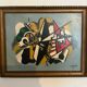 Peinture géométrique abstraite – Signée – Huile sur panneau avec cadre vintage