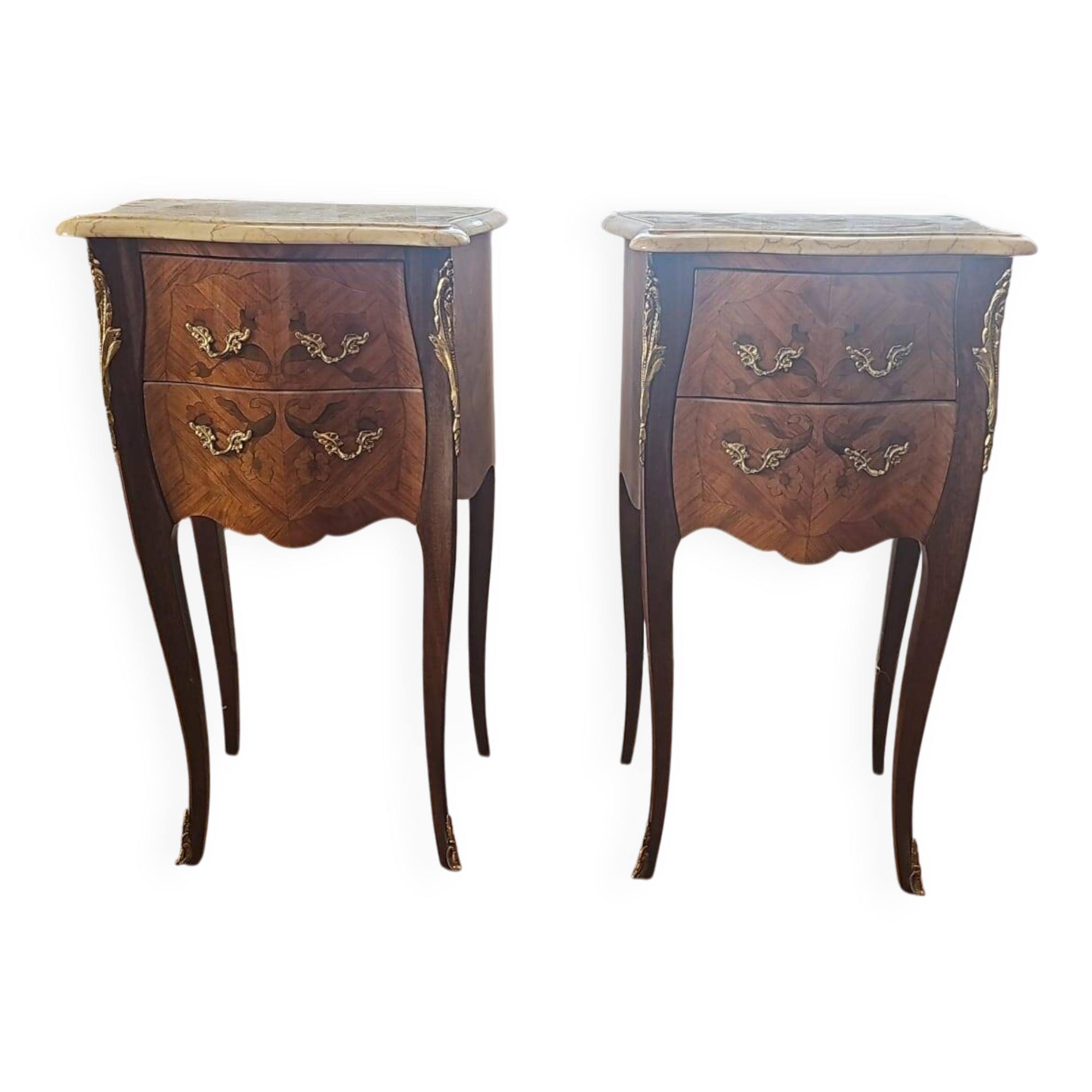 Pair of Louis XV style bedside tables with marquetry and marble top