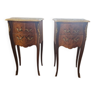 Pair of Louis XV style bedside tables with marquetry and marble top
