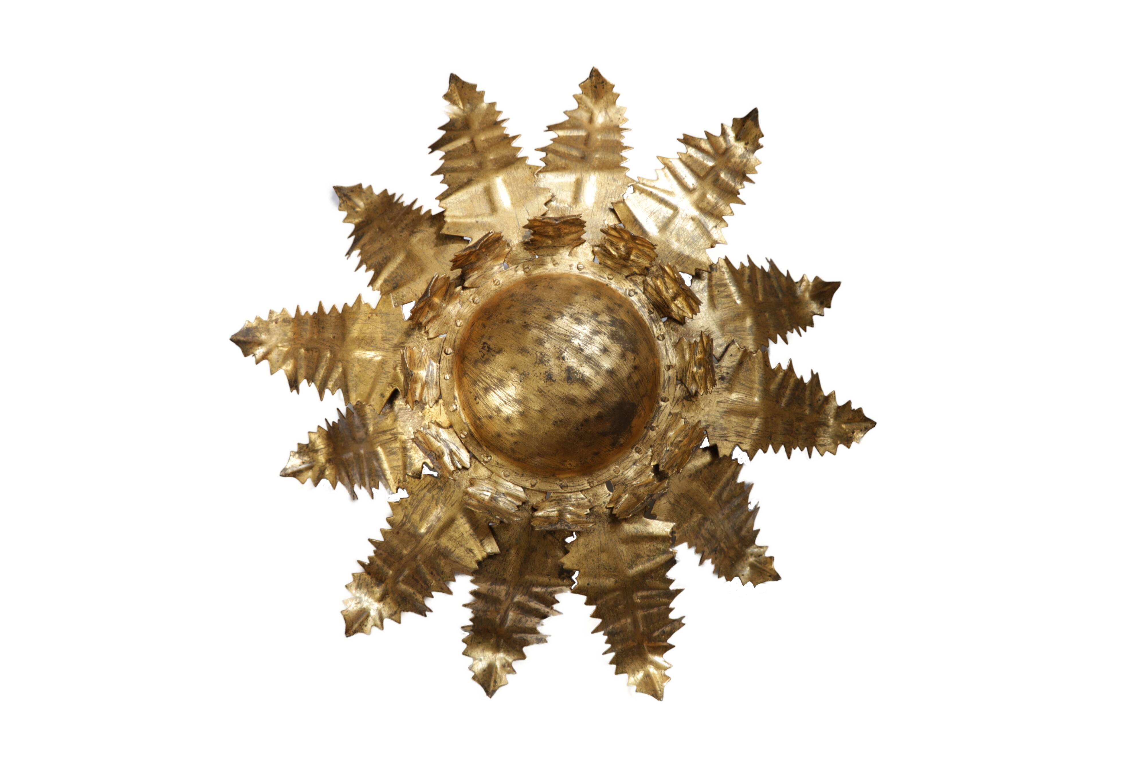 Vintage sunburst ceiling light, gold, floral pattern, 50s brutalism