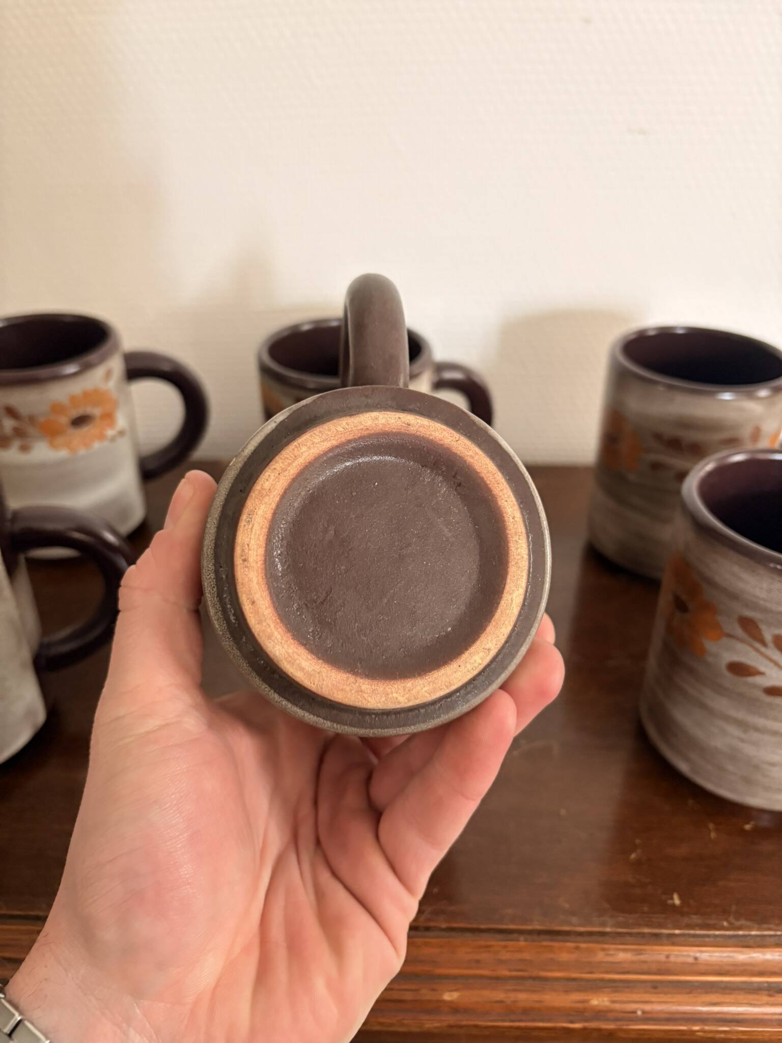 Vintage 6x Cup Ceramic Stoneware Flowers Floral Orange Brown 1970