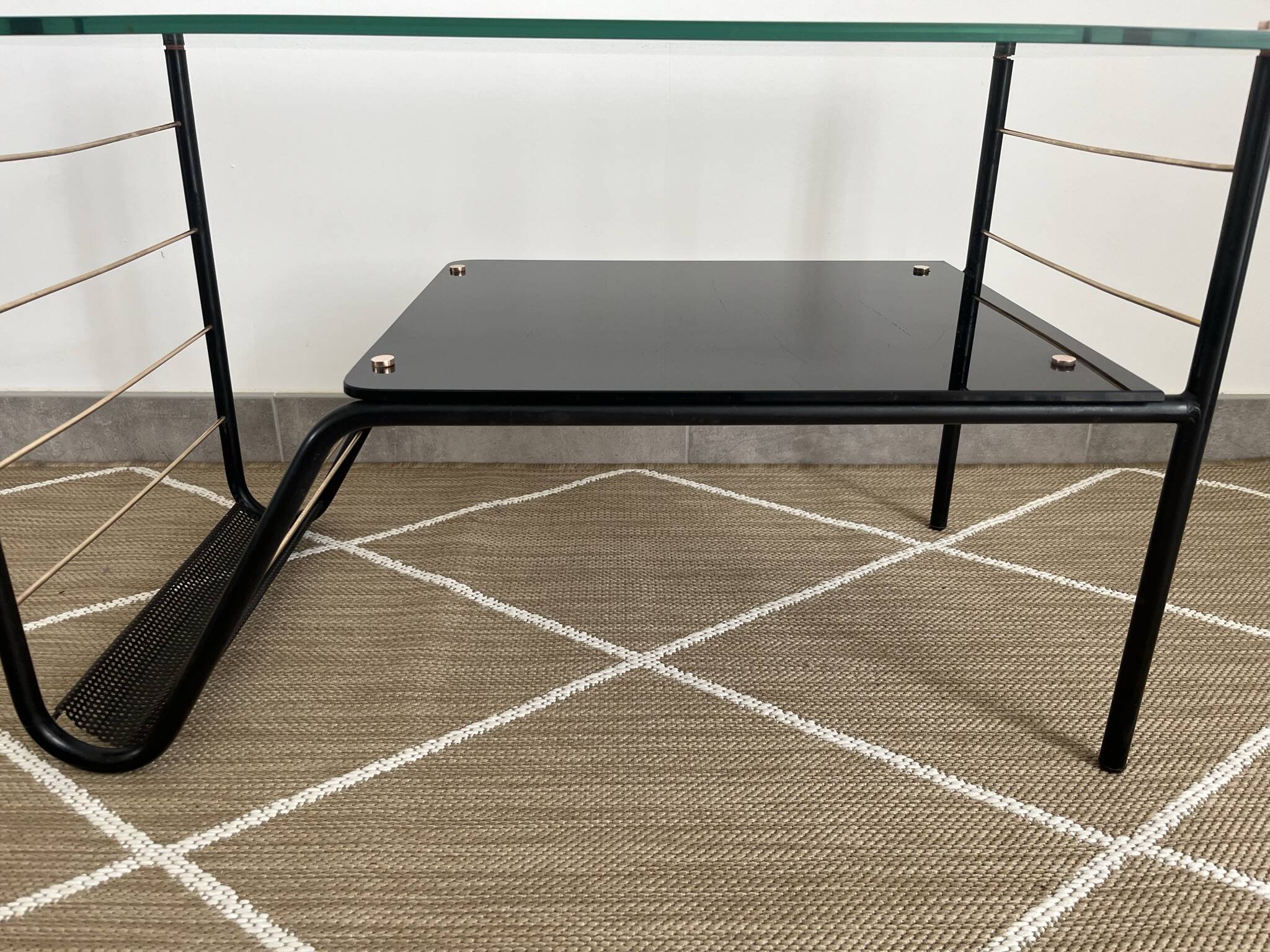 Roche Bobois metal and glass coffee table with magazine rack from the 50s