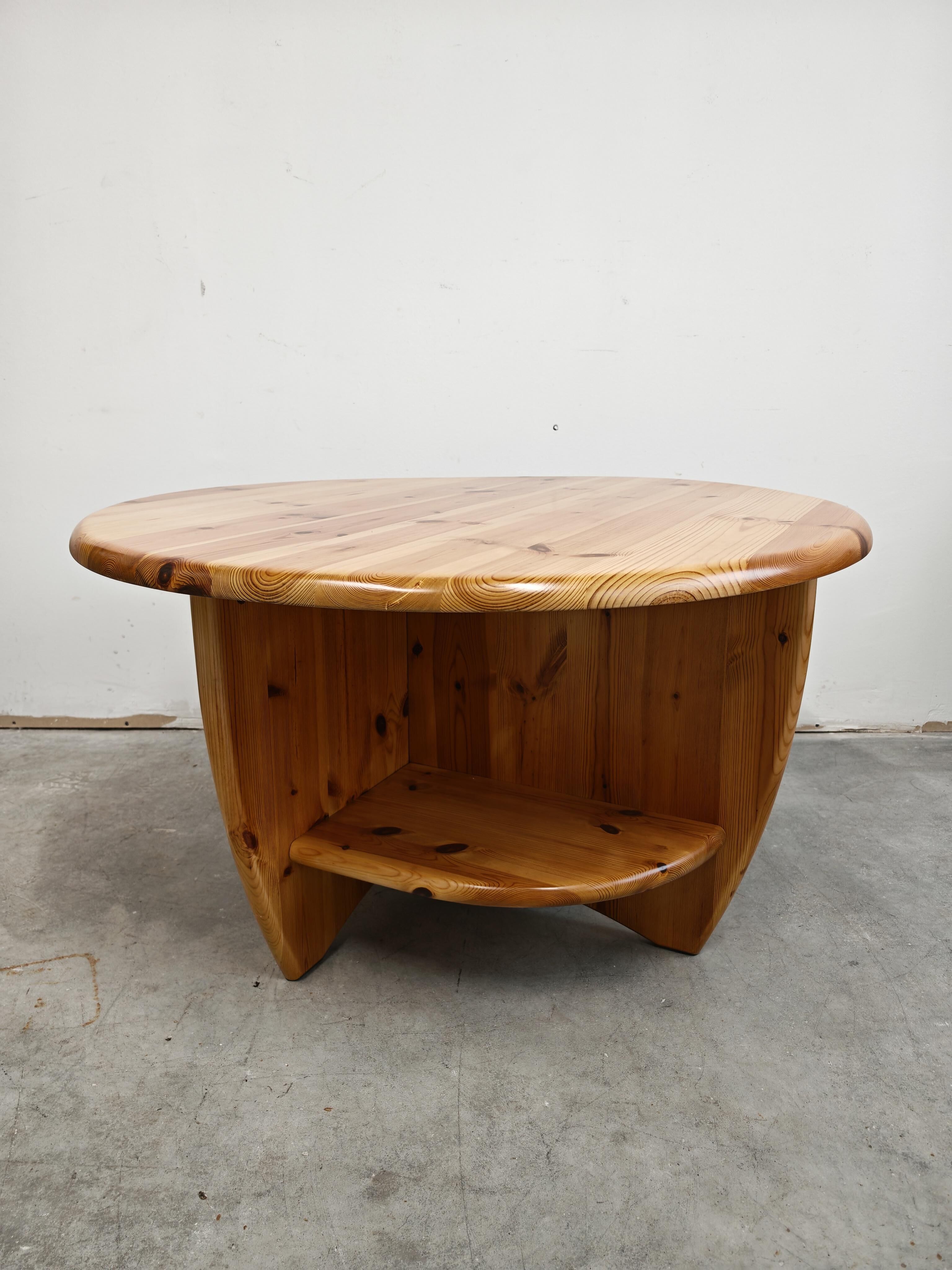 1970s solid pine brutalist round coffee table