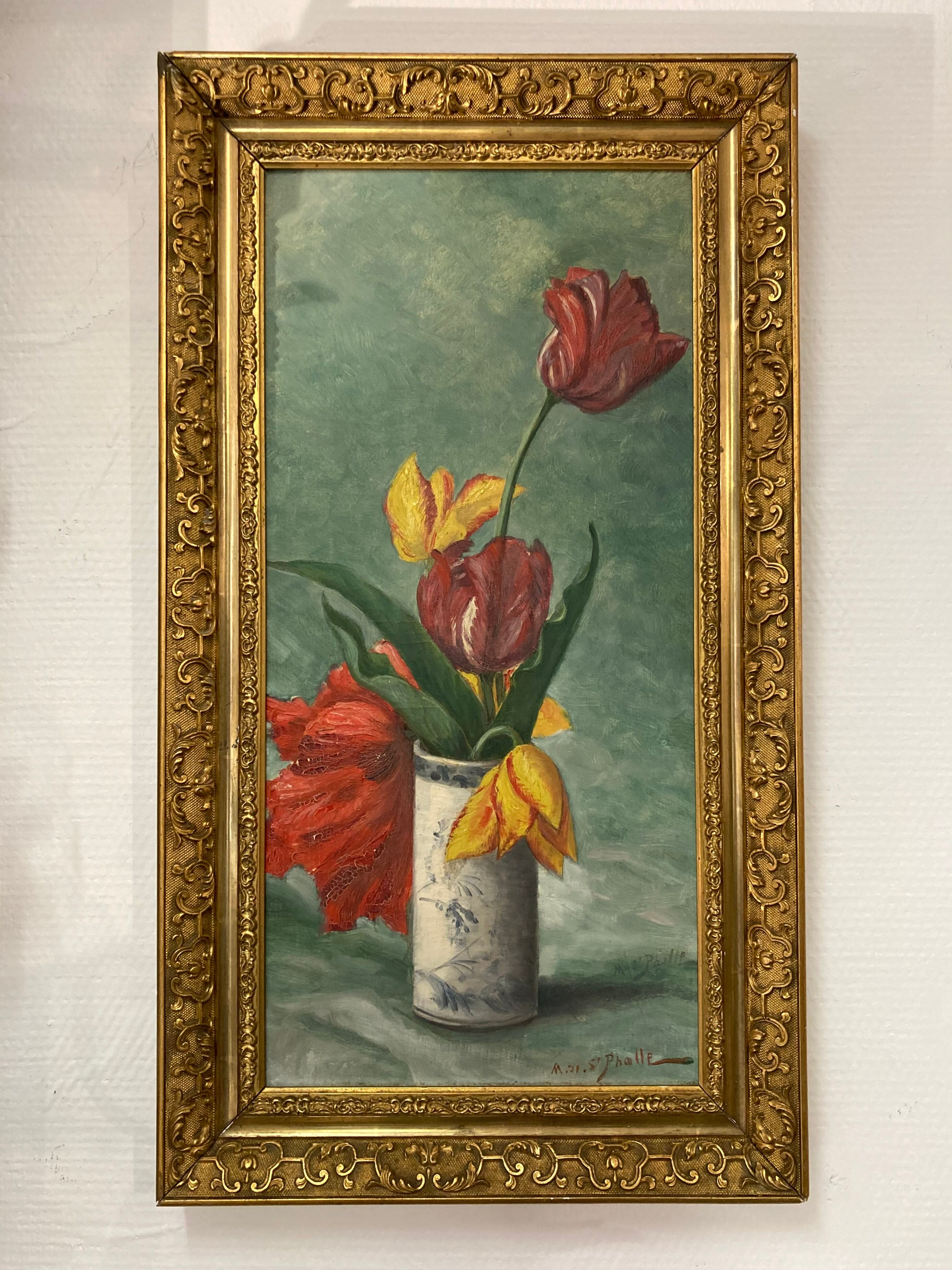 Oil on canvas "tulips" gilded frame